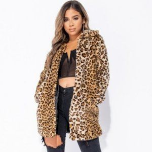 Leopard Print Faux Fur Long Sleeve Coat Jacket